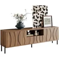 OKWISH TV-Meubel – Golfdeuren Model – 160x35x46 cm – Met Dubbeldeuren En Middenvak – Met Kabeldoorvoer – Stijlvolle Opbergruimte – MDF Lichtbruin – Slanke Metalen Poten