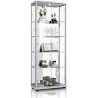 K-Möbel Vitrinekast met glas staand met 2 deuren, 4 in hoogte verstelbare glasplanken, spiegel & slot - Vitrinekast met led verlichting - 176x67x33 cm - Zilverkleurig