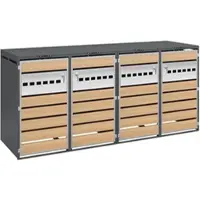 OKWISH Afvalcontainer Ombouw - 4 Vakken Met Hydraulische Klapdeksel - Afsluitbaar Voor Tuin En Oprit - Staal Grijs Hout