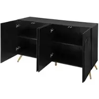 STILVORA dressoir, zwart, met 3D-reliëf en gebogen deuren. Gangkast met verstelbare legplanken. Opbergkast met gouden metalen poten