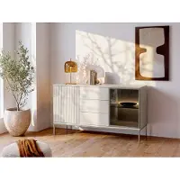 Vente-unique Buffetkast met 2 deurtjes en 3 lades met ledverlichting van mdf en gerookt glas - Beige en zwart - OVILA