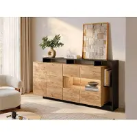Vente-unique Buffetkast met 4 deuren en 4 nissen met ledverlichting - Licht naturel en antraciet - IDESIA
