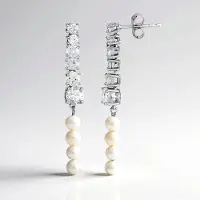 Cavill - 925 Sterling Zilver oorbellen - Platina verguld - 3,13 ct Cambodjaanse Zirkonia's & Wit Zoetwaterparel - Elegante ronde dames sieraden