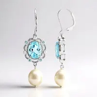 Cavill - Zilveren Oorbellen - 925 Sterling Zilver Gerhodineerd - Witte Zoetwater Kweekparel & Blauwe Topaas 5.84 ct - Elegant Klassiek Design