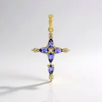 Cavill - Zilveren Hanger - 925 Sterling Zilver Verguld - 0,955 ct Blauwe Tanzaniet Druppelvorm - 12 Zirkonen Pave - Elegant Kruis Design Sieraad