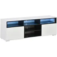 OKWISH TV-meubel met LED-verlichting en open planken, keukenkast met twee deuren, lage TV-kast van glanzend houtfineer, geschikt voor kleine appartementen, wit