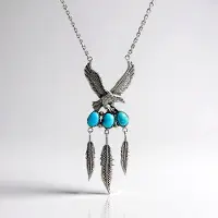 Cavill - Zilveren Halsketting met Blauwe Kingman Mohave Turkoois - 925 Sterling Zilver - 3 Cabochon Turkooisen - Boho Sieraden Dames - Adelaar Hanger