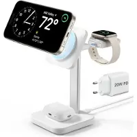 ESR HaloLock 3-in-1 Oplader | Compatibel met MagSafe | Magnetische Draadloze Lader Geschikt voor iPhone, AirPods (Pro) en Apple Watch | met 20W USB-C Adapter en 1.5M USB-C Kabel | Made for Watch | Wit