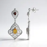 Cavill - Zilveren Oorbellen - 925 Sterling Zilver Gerhodineerd - Citrien 0 954 ct & Granaat 0 306 ct - Elegant Druppelvormig Sieraad 40 mm