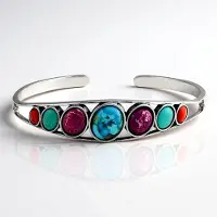 Cavill - Zilveren Armband Open - 925 Sterling Zilver Geoxideerd - Blauwe Kingman Mohave Turkoois & Turkoois Cabochons - Duurzame Edelsteen Sieraden