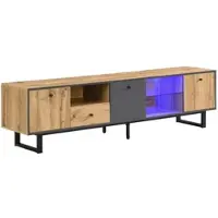 OKWISH Tv-Meubel - Met Led-Verlichting En Glazen Planken - 3 Deuren 1 Lade - Industrieel Design - Spaanplaat Naturel - 190x40x50 cm