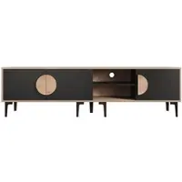 OKWISH TV-Meubel – 180×35×49 cm – 3 Deuren – 2 Open Vakken – Natuurhouten Look Met Zwarte Deuren – Spaanplaat Zwart+Bruin – Geschikt Voor 80 Inch TV