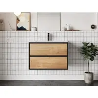 Vente-unique Hangend badkamermeubel met ingebouwde wastafel - Licht naturel en zwart - 80 cm - LANNICK