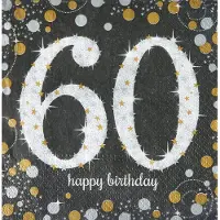 Amscan Servetten 60 jaar - 16x stuks - zwart - 33 x 33 cm - confetti - luxe - verjaardag
