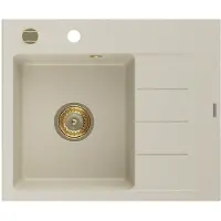 Mexen Ben granitische spoelbak met 1 bak en afdruiprek, links, 600 x 500 , beige, gouden sifon - 6522605000-69-G