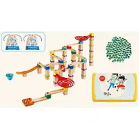 Hape knikkerbaan Marble Cascade Block set + 200 extra knikkers + 2 katoenen knikkerzakjes + gele bewaardoos