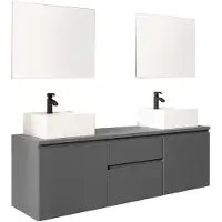 Vente-unique Hangend badkamermeubel met dubbele wastafel en spiegels - Grijs - 150 cm - JIMENA II