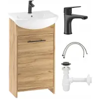 Deftrans Set van gouden eikenhouten badkamerkastje 45 cm met wastafel, kraan en Frigo sifon