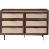 CALICOSY Commode met notenhouten decor, 6 lades, fronten van echt leer, l120 cm jetson