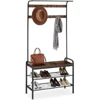 TecTake Kapstok met Houten Bank en 8 Haken - 85,5 x 36 x 184 cm - Industrieel Design met Zwart Metalen Frame