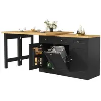 OKWISH Uitschuifbare bartafel met snackplank en opklapbare eettafel. Keukeneiland, keukenkast met uitschuifbare prullenbakhouder. Keukentafel met 3 lades (prullenbak niet inbegrepen). Zwart