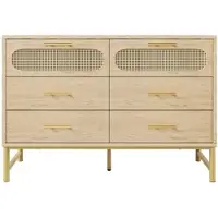 OKWISH Dressoir – Rattanlook – 120×40×74 cm – 2 Deuren 6 Lades – Opbergruimte Voor Woonkamer/Slaapkamer – Sonoma Eiken – Metalen Grepen