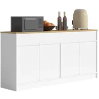 OKWISH Keukenkast Sideboard – 160×37×76,5 cm – 3 Lades – 2 Deuren Met Verstelbare Planken – Opbergruimte En Werkblad – MDF Wit Naturaal