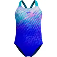Speedo Print Powerback Meisjes Sportbadpak - Kleurvast Badpak Meisjes - Chloorbestendig Zwempak Meisjes - Sportbadpak Meisjes met Powerback-bandjes - Blauw/Turquoise - 164