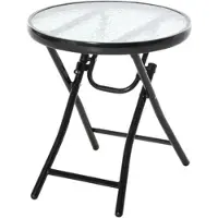 OKWISH Bijzettafel - Opvouwbaar - Balkon En Terras - Metaal Zwart - Gehard Glazen Blad - Rond Ø45 x 50 Cm - Met Veiligheidssluiting