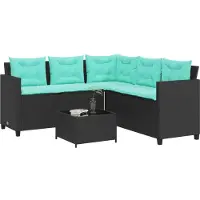 vidaXL Tuinbank met tafel en kussens L-vormig zwart poly rattan