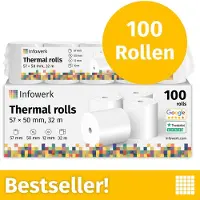 Infowerk NIEUW: Thermische Rollen / Kassarollen, 100 Rollen, 57mm x 50mm x 12mm, 32m, Testwinnaar, PEFC-gecertificeerd, voor EPSON, IBM e.a.
