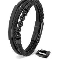 SERASAR Lederen Herenpolsbandje [Pearl] - Zwart 17cm - Geweldig-Idee