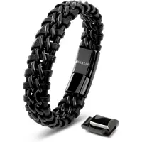SERASAR Premium Lederen Armband Heren [Steel] - Zwart 20cm - Cadeau voor Hem