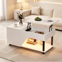 OKWISH Verstelbare salontafel met opbergruimte, glanzende salontafel voor de woonkamer, met LED-verlichting en een geperforeerd design, wit