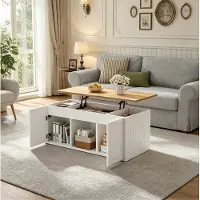 OKWISH Salontafel – In Hoogte Verstelbaar Met Opbergruimte – Woonkamer En Thuiswerken – Wit En Natuurkleur – 46×95×45 Cm