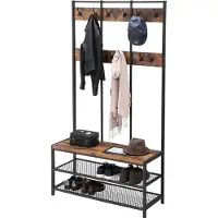 Vasagle Grote kapstok met bank, kapstok met 12 kleerhaken en schoenenrek, halplank, kantoor, slaapkamer, stevig stalen frame, industrieel ontwerp, vintage bruin-zwart