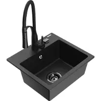 Mexen Milo granieten gootsteen 1-kamer met keukenkraan Aster, zwart/zilver metallic - 6505-73-73450-70-B