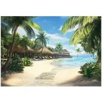 WALLARENA - Fotobehang - 400x280 cm - 3D afbeelding van een paradijselijke strand met palmen en zee voor slaapkamer of woonkamer