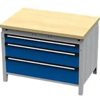 OttoKind Otto Kind brede werkbank type 410, beuken multiplex blad, tot 1.200 kg, B 1152 x D 750 x H 850 mm, staal, centrale vergrendeling, aluminium wit/ gentiaanblauw