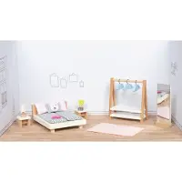 Goki Poppenhuismeubeltjes: DESIGN SLAAPKAMER, 18-delig, bed 12,7cm, beukenhout en stof, 3+