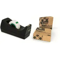 Scotch C38 tafeldispenser zwart + Magic plakband, gemaakt met 66 % lijm op plantaardige basis, 19 mm x 33 m, incl. 3 rollen