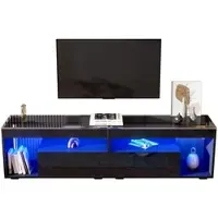OKWISH TV-Kast – 2 Laden – Met Dimbare LED (16 Kleuren, Afstandsbediening) – Strak Met Gehard Glas – Zwart – 180x40x46 cm – Geschikt Voor 70 Inch TV