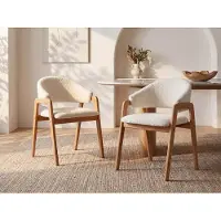 Vente-unique Set van 6 stoelen met armleuningen van boucléstof en heveahout - Wit - SOLUNA