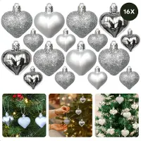 Cheqo Hartvormige Kerstballen - Onbreekbaar - 16 Stuks - Zilver - Glans, Mat & Glitter