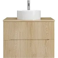 Vente-unique Gestreepte zwevend badkamermeubel met opzetwastafel rond en kraan - Licht naturel - 80 cm - ORISO