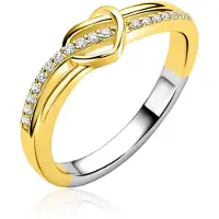 Zinzi gold plated zilveren cross-over ring met een opengewerkt sierlijk hart waarbij een rij witte zirkonia’s vloeiend door de scheen en hart loopt ZIR2874Y