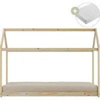 Sunny Zoey Bedhuisje van Hout in Houtkleur | Kinderbed in Huis Vorm Inclusief Hybrid Matras 90x200 (14 cm, Hybrid foam, polyester hoes) | Volledige afmetingen (LxBxH): 206 x 98 x 154 cm