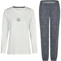 Louise Dames pyjama set lang katoen donkerblauw/wit gestipt