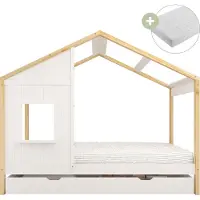 Sunny Beau Bedhuisje van Hout met Opberglade in Bruin/Wit | Kinderbed met Lade | Kajuitbed Inclusief Hybrid Matras 90x200 | Volledige afmetingen (LxBxH): 208 x 97 x 171 cm