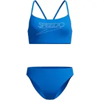 Speedo Endurance Logo Thin Strap 2 Piece Dames - Kleurvaste Bikini Dames - Chloorbestendige Sportbikini Dames - Zwembikini Dames met V-Vormige Bandjes - Blauw/Wit - 36